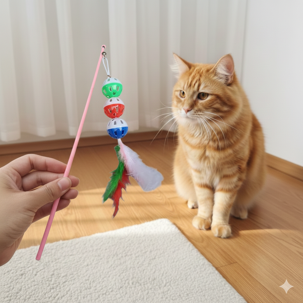Juguete gato vara 3 pelotas cascabel pluma KP-340
